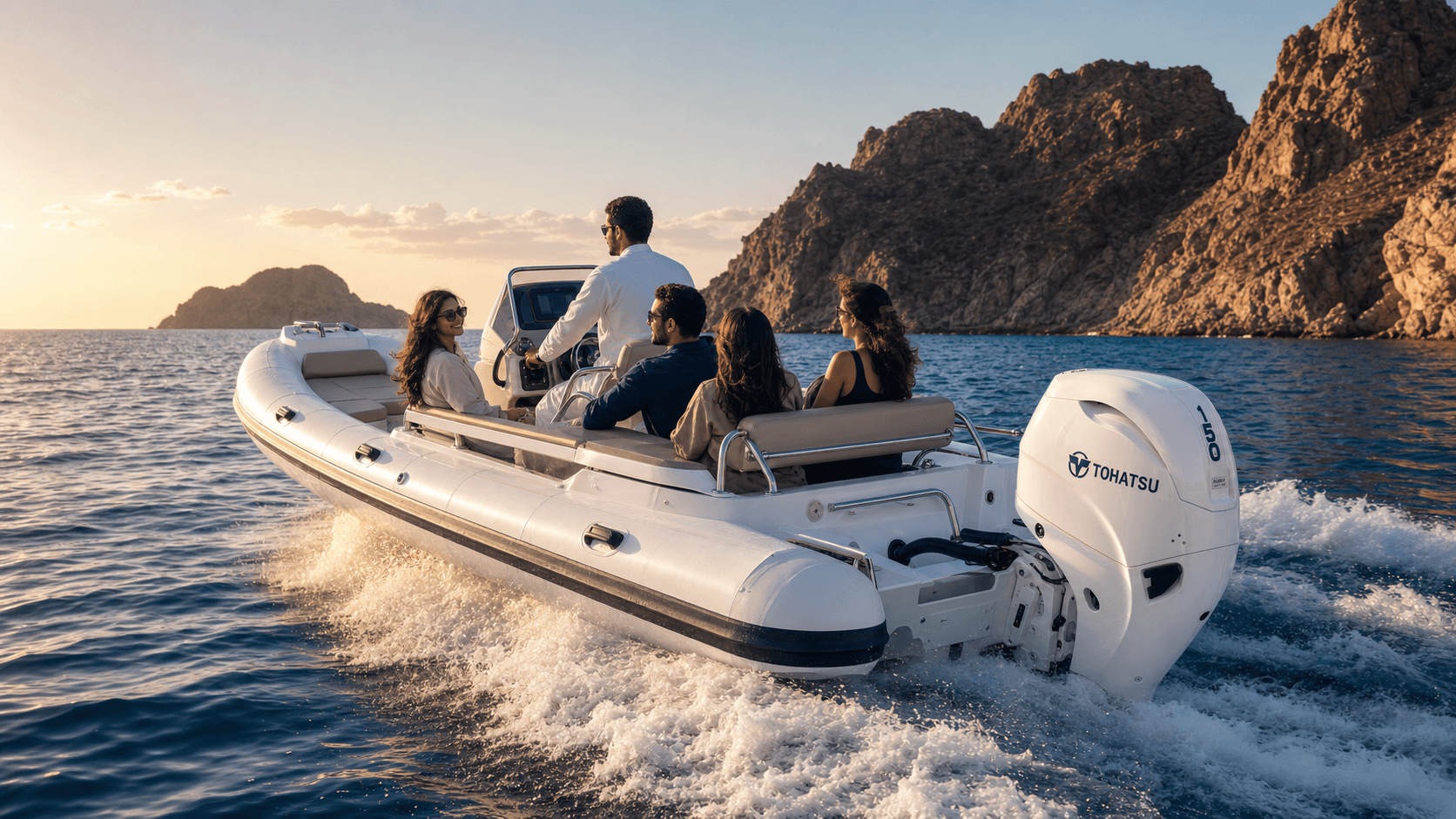 قارب رحلات بحرية بمحرك توهاتسو MFS150A أبيض أثناء الإبحار